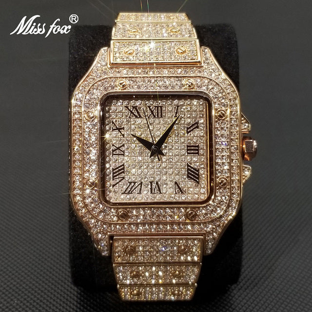 MISSFOX Ice Out Square Luxury Watch Ultra Thin Waterproof