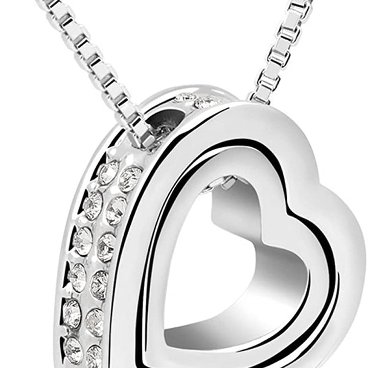 18K White Gold Plated Two Hearts Together Forever Necklace with Classic Stud Earrings Set