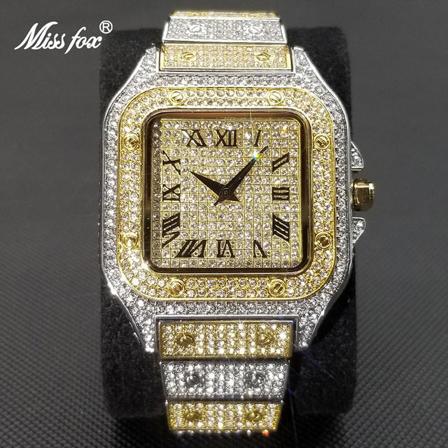 MISSFOX Ice Out Square Luxury Watch Ultra Thin Waterproof