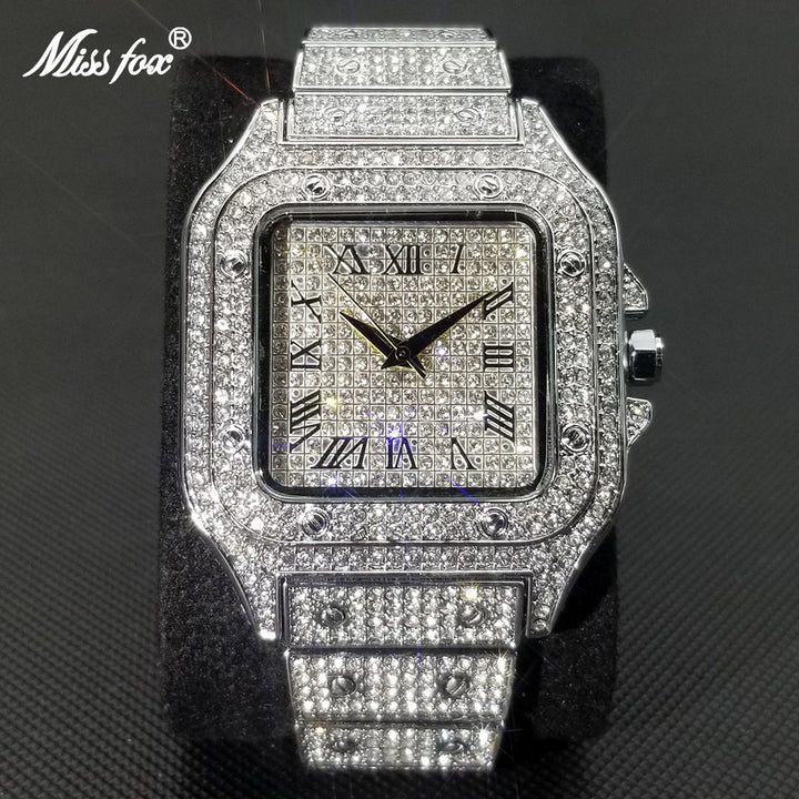 MISSFOX Ice Out Square Luxury Watch Ultra Thin Waterproof