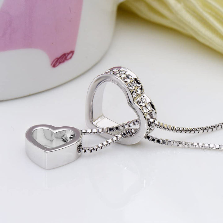 18K White Gold Plated Two Hearts Together Forever Necklace with Classic Stud Earrings Set